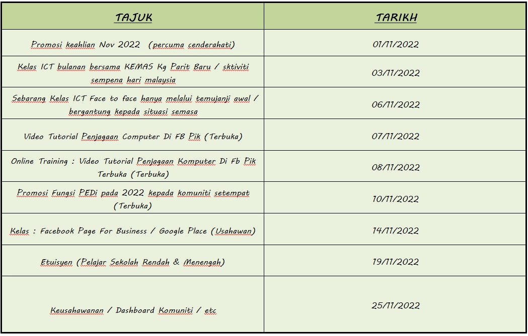 jadual aktiviti november